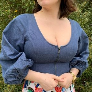 Mara Hoffman Denim Balloon Sleeved Crop Top